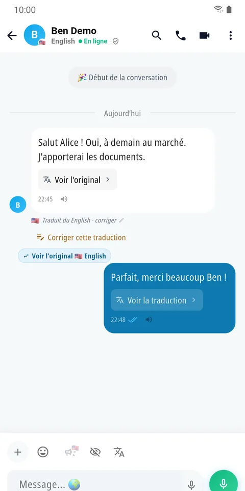 Une discussion où chaque message est affiché dans la langue du lecteur