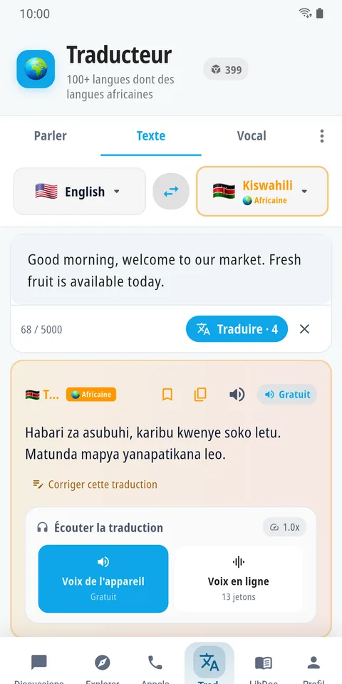 Le traducteur de poche : un texte anglais traduit en swahili